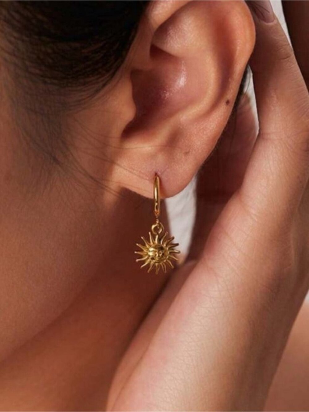 Gold Plated Stainless Steel Sunburst Drop Hoop Earrings